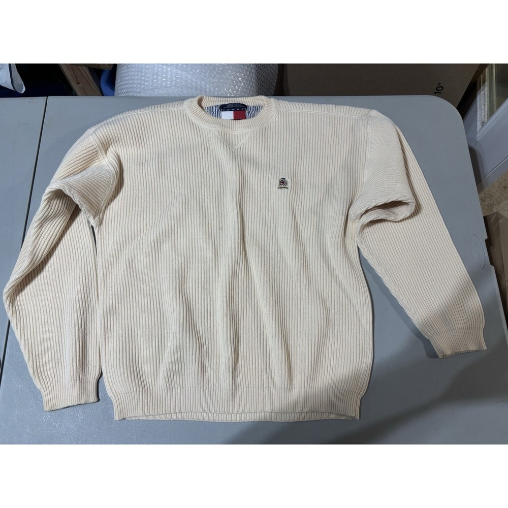 Vtg Tommy Hilfiger Sweater Mens XL Cream Chunky Knit Crewneck 90s Y2K